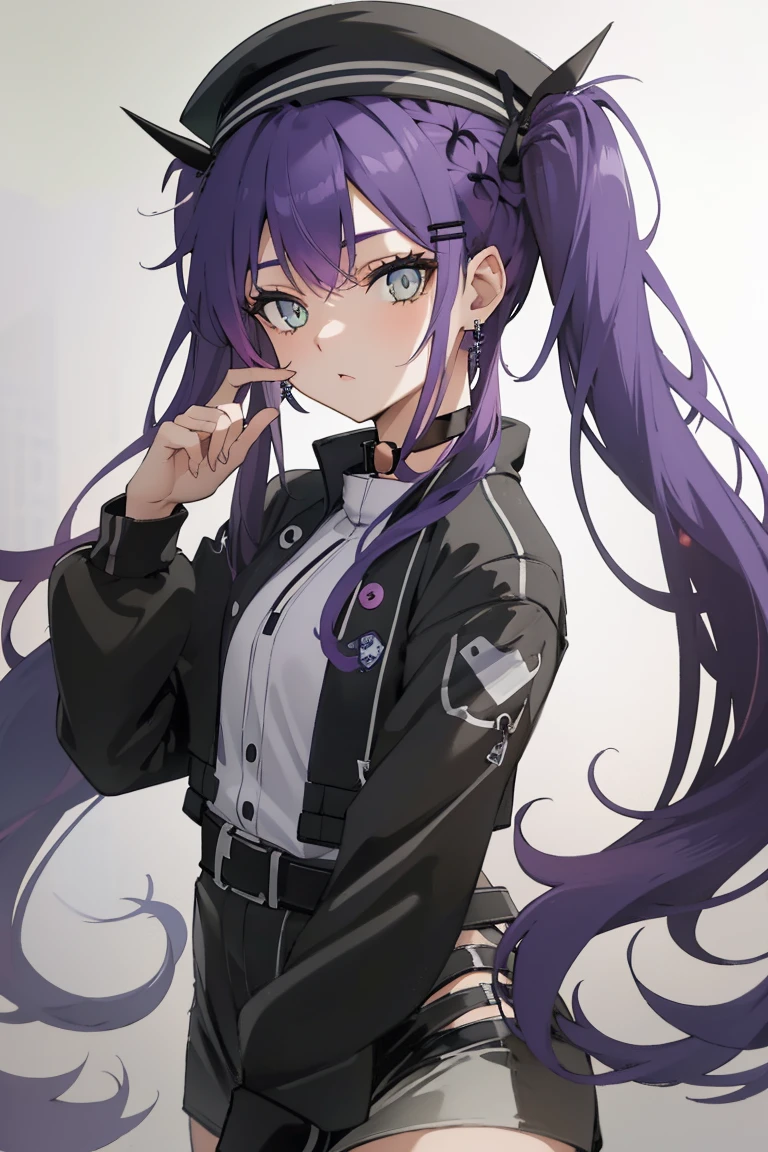 (Ultra-high resolution,masterpiece, Attention to detail, Highest quality), 8k,(Atwa, Long Hair, Twin tails, Purple Hair,Black Hat, Hair Clip, Earrings, Devil&#39;s Tail, Black choker, Off the shoulder,White jacket, Black shorts,whole body ),((City of night,Stand on top of a tall building,Ready your gun?)),(Blessed,Captivating body、Ultra-detailed skin、Very beautiful eyes、Detailed Background),One Girl、 (Cool expression,cool)