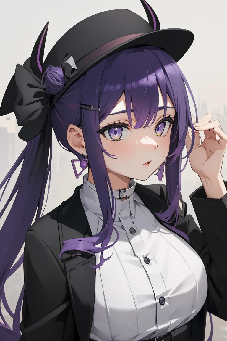 (Ultra-high resolution,masterpiece, Attention to detail, Highest quality), 8k,(Atwa, Long Hair, Twin tails, Purple Hair,Black Hat, Hair Clip, Earrings, Devil&#39;s Tail, Black choker, Off the shoulder,White jacket, Black shorts,whole body ),((City of night,Stand on top of a tall building,Ready your gun?)),(Blessed,Captivating body、Ultra-detailed skin、Very beautiful eyes、Detailed Background),One Girl、 (Cool expression,cool)