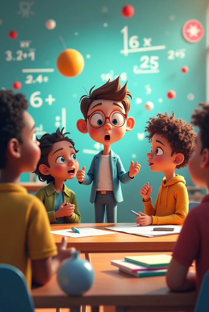 Create an image of a boy who looks 5 years old and is intelligent, teaching math to his friends