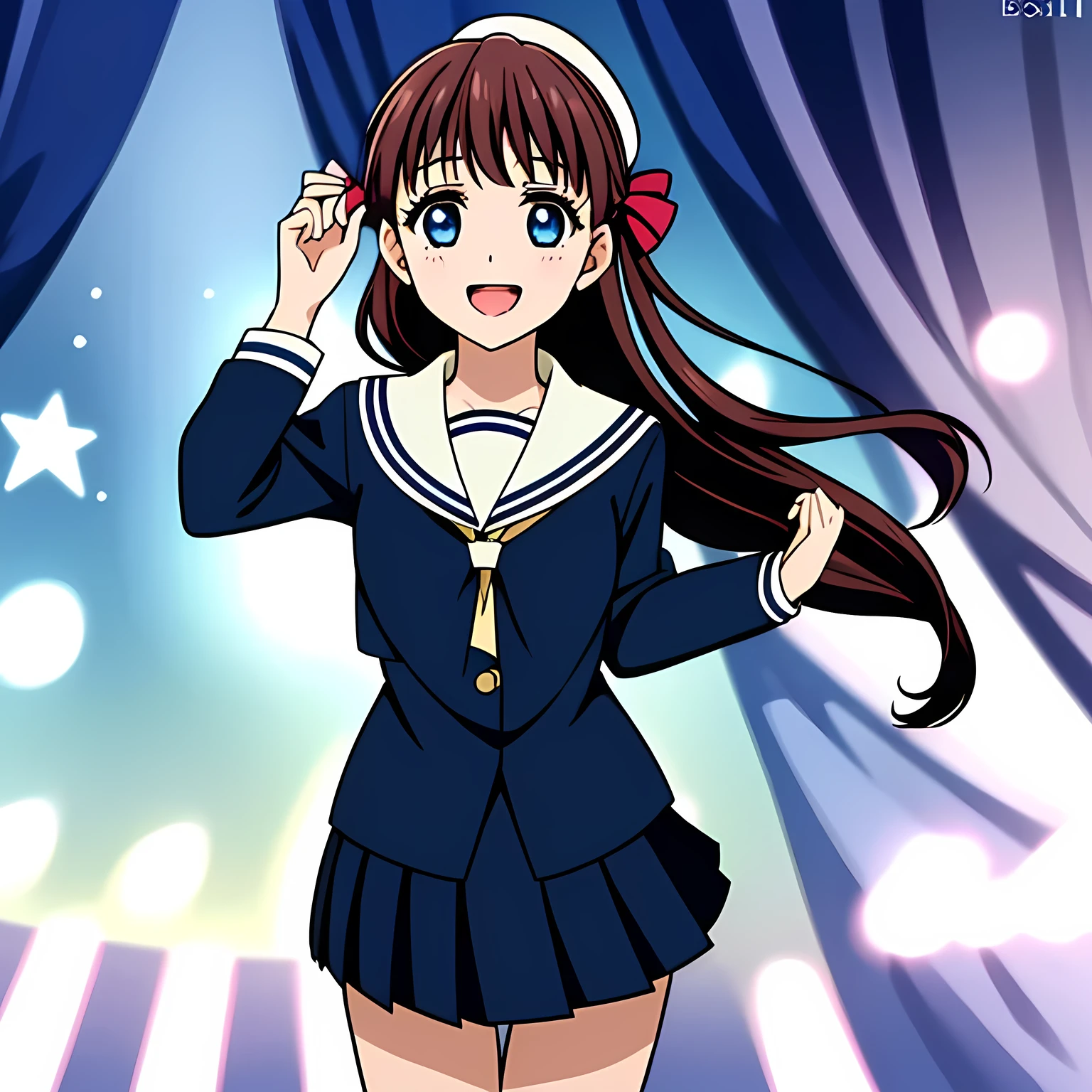 (highest quality, masterpiece, Full HD, Full color, High definition, High definition: 1.2), (Very carefully drawn cover of anime magazine, Solo beautiful giggling noble elegant girl wares navy sailor-styled uniform with leather school bag and flying in space, charming elegantly, Noble Elegant but lecherous salacious insane and lascivious, sailor uniform: 1.5), (Just one very beautiful noble heroine who is looking and laughing at me, Very detailed cute noble yo heroine's noble eyes and face, Beautiful giggling eyes with detailed: 1.4), (Super-long bottom-eyelashes: 1.2), (Girl whom everyone loves because of her beauty and lovely fashion and noble manner and mind of evil succubus and magical-charm of evil succubus: 1.0), (Very beautiful, wavy, cutely super-super-long dark-dark-blue-dark-blue rich hair, with elegant hair ribbons, spreading on whole the screen: 1.3), (Laughing very beautiful and sapphire-blue mature intelligent cute-eyes which charms and enslave me inevitably, with clearly detailed: 1.4), (Eyes are clearly detailed), (very long eyelashes: 1.0), (Realistic noble neat noble school navy-colored sailor uniform with a noble expensive glossy red ribbon on the chest: 1.4), (Realistic Charming neat navy-colored deeply pleated long expensive school skirt: 1.5), (Soprano singer of classic music: 1.6), (Can't stop giggling: 1.6), Clear skin, (Nothing except black space and stars background: 1.7), (Navy-colored tops and Navy-colored cute collar of sailor-uniform: 1.6), (Faces are especially detailed and carefully drawn.), Shooting from the side