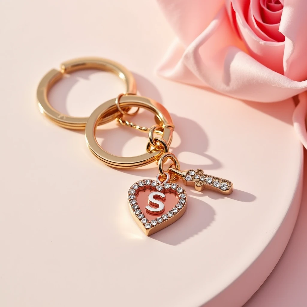 A photo of a delicate and charming keychain with the alphabet "S" engraved on it. The keychain has a small heart-shaped pendant with sparkling crystals and a touch of gold and pinkish red colour. The keychain is perfect for a woman's keyring and represents a loving sentiment. The image captures the essence of the keychain, highlighting its delicate craftsmanship.