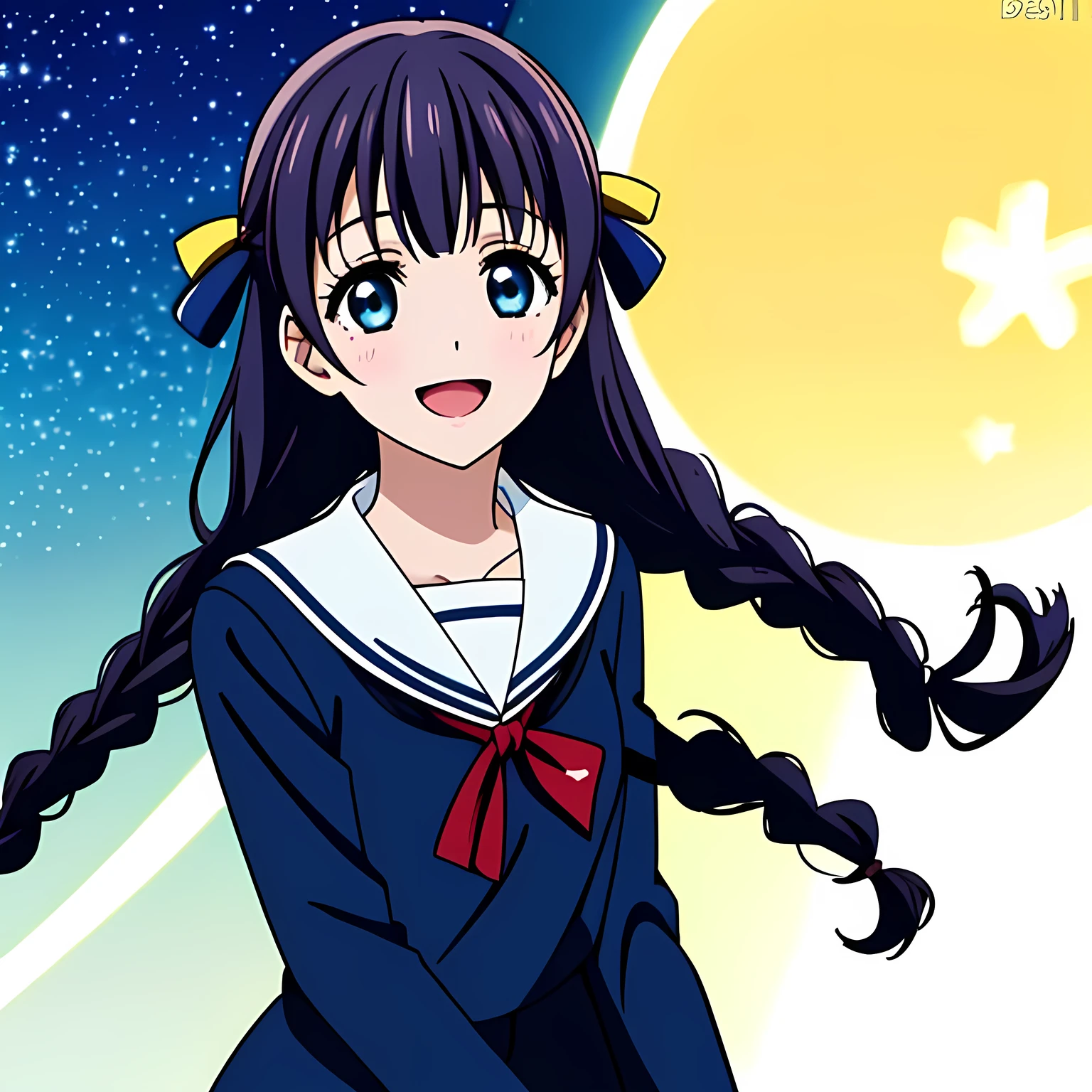 (highest quality, masterpiece, Full HD, Full color, High definition, High definition: 1.2), (Very carefully drawn cover of anime magazine, Solo beautiful giggling noble elegant girl wares navy sailor-styled uniform with leather school bag and flying in space, charming elegantly, Noble Elegant but lecherous salacious insane and lascivious, sailor uniform: 1.5), (Just one very beautiful noble heroine who is looking and laughing at me, Very detailed cute noble **** heroine's noble eyes and face, Beautiful giggling eyes with detailed: 1.4), (Super-long bottom-eyelashes: 1.2), (Girl whom everyone loves because of her beauty and lovely fashion and noble manner and mind of evil succubus and magical-charm of evil succubus: 1.0), (Very beautiful, wavy, cutely super-super-long dark-dark-blue-dark-blue rich hair, with elegant hair ribbons, spreading on whole the screen: 1.3), (Laughing very beautiful and sapphire-blue mature intelligent cute-eyes which charms and enslave me inevitably, with clearly detailed: 1.4), (Eyes are clearly detailed), (very long eyelashes: 1.0), (Realistic noble neat noble school navy-colored sailor uniform with a noble expensive glossy red ribbon on the chest: 1.4), (Realistic Charming neat navy-colored deeply pleated long expensive school skirt: 1.5), (Soprano singer of classic music: 1.6), (Can't stop giggling: 1.6), Clear skin, (Nothing except black space and stars background: 1.7), (Navy-colored tops and Navy-colored cute collar of sailor-uniform: 1.6), (Faces are especially detailed and carefully drawn.), (Shot from the side)