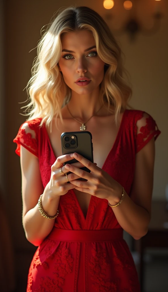 (very detailed:1.5), (no nudity:2), (1girl:1.2), (big tits:1.9), breasts, (beautiful, Swedish, blonde, (TRANSPARENT TULLE bodysuit:1.6) with black mesh pattern very tight to the body:1.6), (semi-transparent:1.6) ((with some embroidery with big floral patterns in (red:2) colour:1.6)), brazilian mini thongs, inside a in a shop specialising in clothing for motorcyclists, is standing, is taking a selfie with his mobile phone, trying on a pink biker leather jacket, the jacket is unbuttoned, (bun:1.3), (long hair:1.3), excited, Hyperrealism, Sony FE GM, 85mm, f/4.0, (cowboy shot:2), from side, ((best quality)), ((masterpiece)), anatomically correct