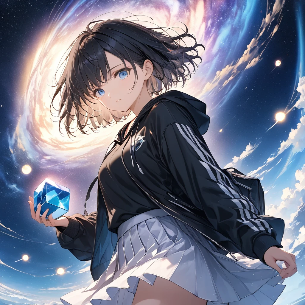 anime、((Amazingly absurd)),(masterpiece:1.2),超High resolution, Attention to detail, high quality, High resolution, 最high quality, 4K, 8k、A woman holding a glowing black cube,A cube floating in your hand,painful,Close-up,Black Hair,Short Hair,Blown by strong winds,blue eyes,Black hoodie,White Skirt,Black sneakers,Standing in the Galaxy,Exposed to the moonlight,best scene,There is hope,Light from above,Bathed in light,Side angle