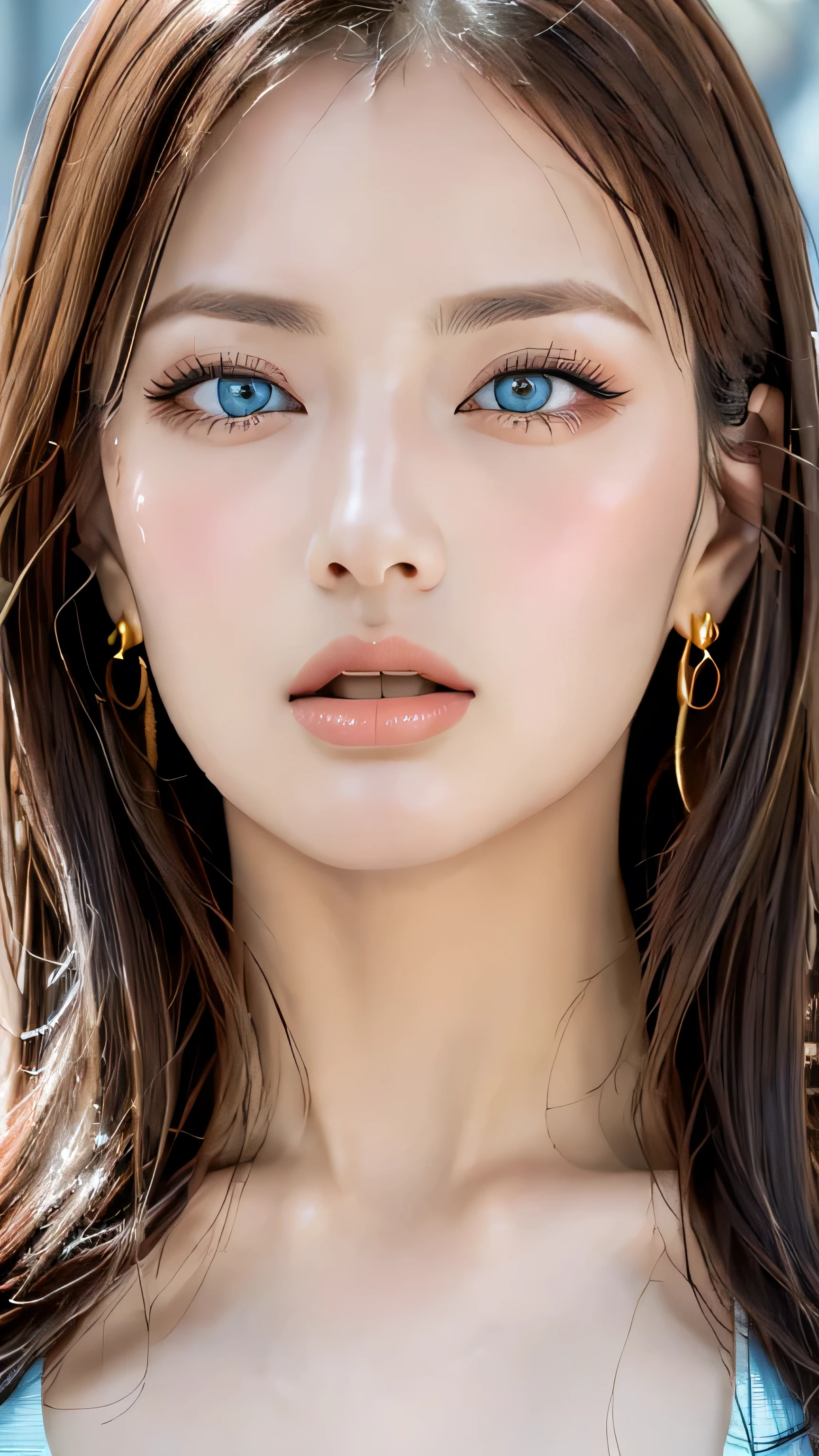 (masterpiece:1.3), (8k, Realistic, RAW Photos, Best image quality: 1.4), Japanese, (1 girl), Beautiful Face, (Lively Faces), (Random color straight long hair:1.3), Beautiful hairstyle, Realistic eyes, Droopy eyes、Beautiful Eyes, (Realistic Skin), Beautiful Skin, charm, Ultra-high resolution, Attention to detail, Golden Ratio, Detail Makeup、Completely naked、The clavicle is visible、Daytime、look up、look up、Open your mouth a little、Sticking out tongue、Yellow eyeshadow、Long eyelashes、Sharp eyes、Zoom Face、blue eyes、Mesh Hair Color、Moles around the mouth、ring earrings、Gorgeous Gold Necklace、Giant Diamond、Sticking out tongue