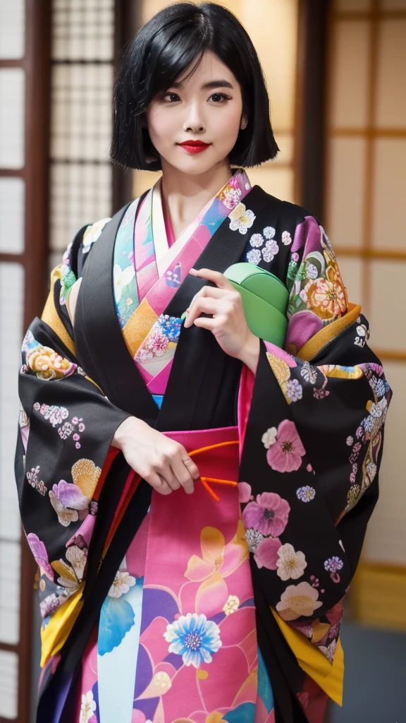 （8k、Raw foty、highest quallity、work of art：1.2),(Bblack hair、really short hair:1.9),Show Viewer,looking at front,erotic,白いSkinned,(She wears a kimono with a colorful floral pattern..:1.7)、(Clothes that emphasize the shape of your chest、publish a&#39;Skinned:1.4)、(breasts big :1.3)、slim body shape、ultra-high resolution,comely,comely fece,(standing alone, standing alone、no back ground:1.9),all-bodyボディー,Japanese woman,（Photoreal：1.37）、photon mapping,reality、(Baby-faced and cute: 1.0)、(cute smile: 1.7)、(With a round face: 1.8)、City Radio、Physically based rendering、depth of field rally background、fot, (I can see your knees,close up of thighs、very short plaid skirt、show white panties:1.4),all-body、very well