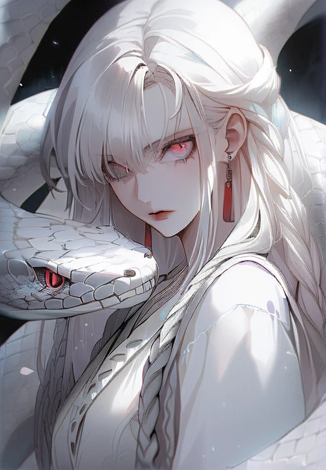 anime girl with white hair and red eyes holding a snake, girl with bright red eyes, bright red eyes and a slit pupil, girl with bright red snake eyes