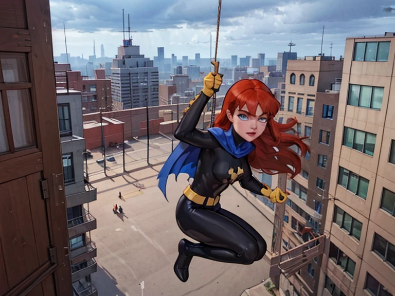 source_western, 1girl, Barbara, red hair, blue eyes, bodysuit, blue cape, gloves, boots, anxious, holding onto a rope, swinging off of a construction site, 50 feet high, windy, downtown in a large city, cloudy, noon, extreme detail, hdr, beautiful quality, dynamic pose