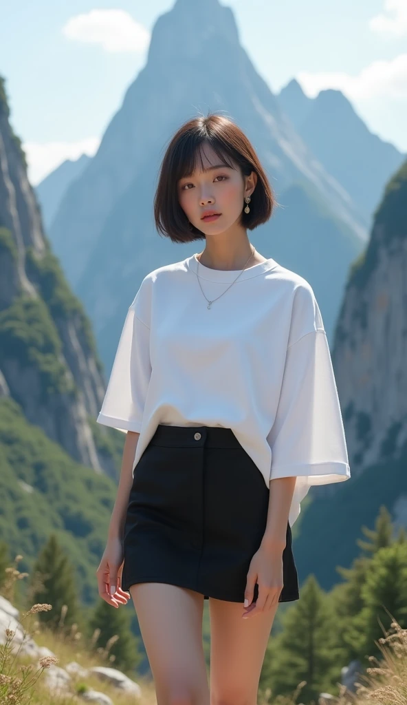 (8k, Photorealistic, Raw photo, Highest quality: 1.4),Japanese idol style１Beautiful girl of the people,1,(Short Bob),(Silver Hair),Hang your hair over your ears,(piercings(small)),Large, clear gray eyes,Long eyelashes,cheek(ruddy,Plumpとした),(Lip gloss),lips(Plump,glossy),thin long neck,Short pendant,Thin and delicate shoulders,Diver&#39;s watch on left wrist,Both hands have pink nail polish on their nails,Both toenails have red pegypure painted on them,Wearing an oversized T-shirt,Wearing skin-tight, ripped jeans,She is wearing red high heels on her bare feet,Anklet on the right ankle,She is surrounded by the gentle sunlight filtering through the trees.,Smiling sweetly and looking at the camera,Full body portrait