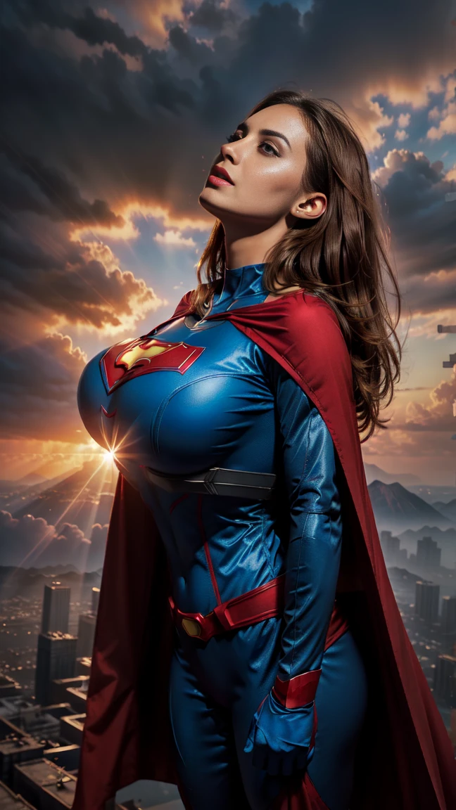 A female with huge breasts wearing a blue superhero suit with a red cape, flying high in the sky and poised in a confident stance, looking upward. The vibrant sunset with dramatic clouds enhances the powerful and inspiring atmosphere.