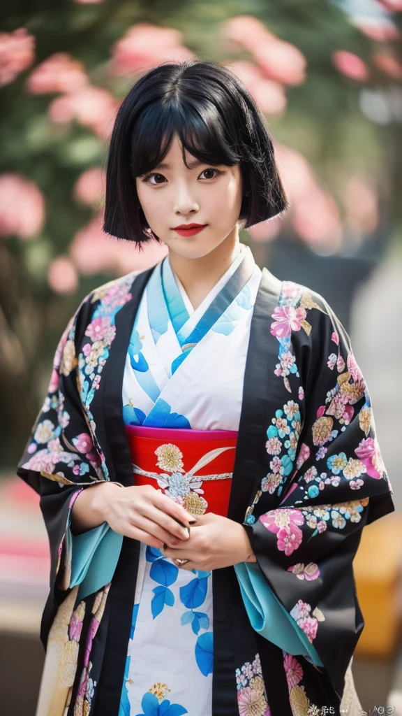 （8k、Raw foty、highest quallity、work of art：1.2),(Bblack hair、really short hair:1.9),Show Viewer,looking at front,erotic,白いSkinned,(She wears a kimono with a colorful floral pattern..:1.7)、(Clothes that emphasize the shape of your chest、publish a&#39;Skinned:1.4)、(breasts big :1.3)、slim body shape、ultra-high resolution,comely,comely fece,(standing alone, standing alone、no back ground:1.9),all-bodyボディー,Japanese woman,（Photoreal：1.37）、photon mapping,reality、(Baby-faced and cute: 1.0)、(cute smile: 1.7)、(With a round face: 1.8)、City Radio、Physically based rendering、depth of field rally background、fot, (I can see your knees,close up of thighs、very short plaid skirt、show white panties:1.4),all-body、very well