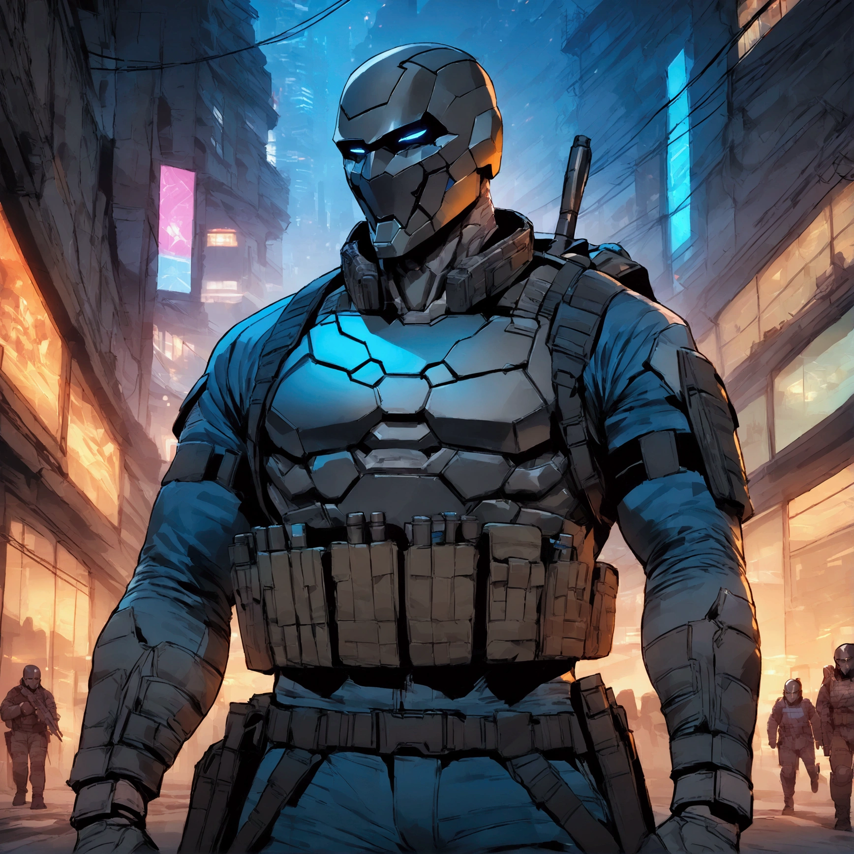 high detailed, Male, full-face helmet. matte black helmet with a smooth curved surface, plain helmet, black bodysuit with armored shirt. webbing rig, MultiCam Camouflage pants, V shaped lenses, blue lenses. Black Jacket, Black and blue jacket, Open jacket. Halfbody view, mercenary, black jacket, cyberpunk, tactical soldier, webbing rig, Cyberpunk, tactical gear, cyberpunk, Male, Man, Masculine man, Deathstroke helmet, blue jacket_details