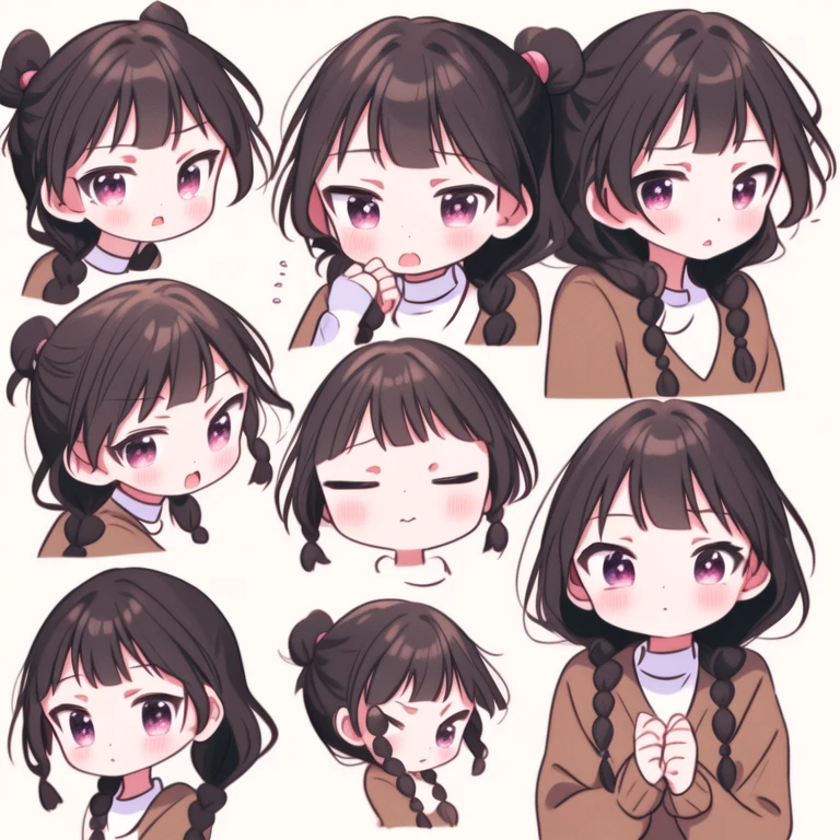 round image, caizi touxiang, 1girl, solo, braid, twin braids, open mouth, smile, round image, circle, brown hair, looking at viewer, :d, hand up, blush, sailor collar, brown eyes, bangs, long hair, long sleeves, chibi, school uniform, shirt, blunt bangs, serafuku, upper body, white background, simple background