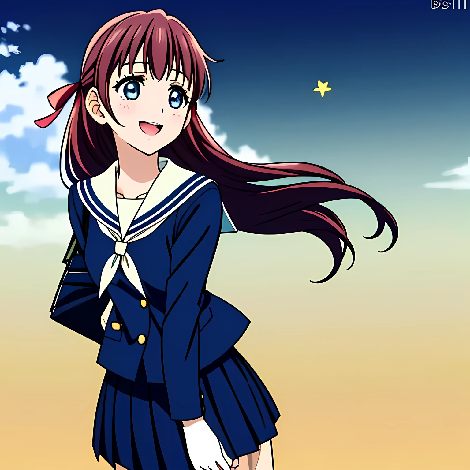 (highest quality, masterpiece, Full HD, Full color, High definition, High definition, Well colored: 1.2), (Very carefully drawn cover of anime magazine, Solo beautiful giggling noble elegant girl wares navy sailor-styled uniform with leather school bag and flying in space, charming elegantly, Noble Elegant but lecherous salacious insane and lascivious, sailor uniform: 1.5), (Just one very beautiful noble heroine who is looking and laughing at me, Very detailed cute noble **** heroine's noble eyes and face, Beautiful giggling eyes with detailed: 1.4), (Super-long bottom-eyelashes: 1.2), (Girl whom everyone loves because of her beauty and lovely fashion and noble manner and mind of evil succubus and magical-charm of evil succubus: 1.0), (Very beautiful, wavy, cutely super-super-long dark-dark-blue-dark-blue rich hair, with elegant hair ribbons, spreading on whole the screen: 1.3), (Laughing very beautiful and sapphire-blue mature intelligent cute-eyes which charms and enslave me inevitably, with clearly detailed: 1.4), (Eyes are clearly detailed), (very long eyelashes: 1.0), (Realistic noble neat noble school navy-colored sailor uniform with a noble expensive glossy red ribbon on the chest: 1.4), (Realistic Charming neat navy-colored deeply pleated long expensive school skirt: 1.5), (Soprano singer of classic music: 1.6), (Can't stop giggling: 1.6), Clear skin, (Nothing except black space and stars background: 1.7), (Navy-colored tops and Navy-colored cute collar of sailor-uniform: 1.6), (Faces are especially detailed and carefully drawn.), (Shot from the side)