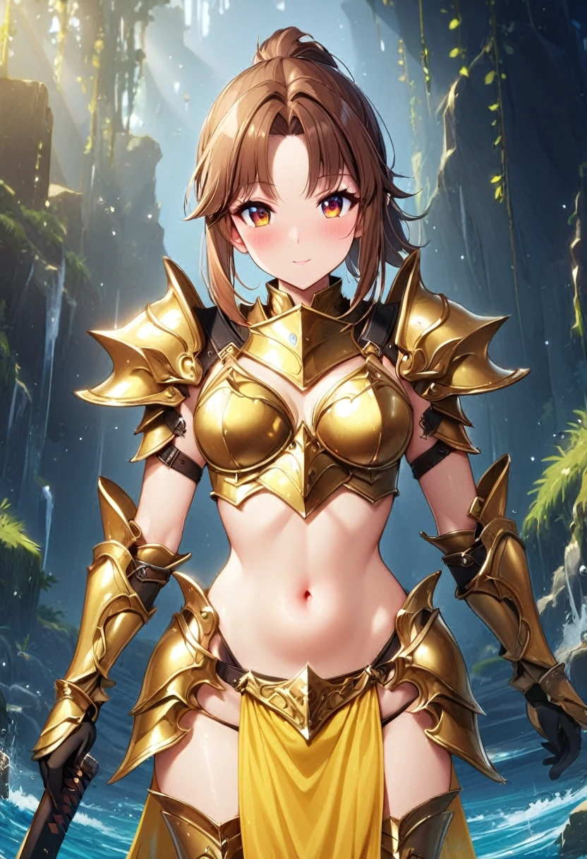 (1 Girl,Solo) , (Waist sheath:1.3), , Short Hair, Medium bust, Displaying the viewer, Bangs ,Hazel eye detail, (Brown hair,Short ponytail hair:1.5), ,Short Hair, Peeing while standing,Straight on, Couple, (Esbian all over body:1.1), White thighs,(Couple:1.4),,Close-up portrait of a woman in gold armor, Girl in Armor, ビキニアーマーのfemale knight, Gold Bikini Armor,Gold Bikini Armor, Gorgeous Female Paladin, female knight, 美しいfemale knightの, Beautiful Armor, Slender、Gold Bikini Armor, Exposed abdomen, Glamorous Gold Bikini Armor, Stunning Armor, Vertical belly button、Skin radiance、Rough-skinned Esbian,Futomo,Silver Armored Boots,Don