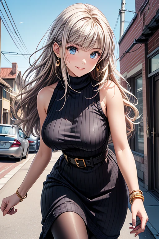 Girl posing for a photo, animeのcute***, ((One Girl)), ((Baby Face:1.3)) + ((cute:1.3)), 
BREAK 

((Black knit sweater long dress:1.4) : ((Sleeveless high neck)) + ((Golden belt fits snugly around the waist)) + (Shiny)) + ((Sheer black pantyhose)) + (Black mule), 
((Red earrings)), ((Silver Necklace)), ((fancy gold bracelet)), 
BREAK 

((Blonde:1.2)), ((Long side bangs:1.5)), ((Long Hair) : Wavy Hair + Fuller Hair + Voluminous Hair + Curly hair), 
(Eyes with drooping corners of the eyes:1.4), (Big eyes:1.4), (blue eyes), 
((Small breasts:1.2)), 
(White skin), (boyish), 
BREAK 

((noon, Sunlit residential area, Sidewalk, blue sky)), 
((Wicked Smile, blush)), 
((Walk with big, energetic strides、Swing your arms naturally、Bright and energetic pose)), 
((Angle from the front)), ((Character Focus)), ((Cowboy Shot)), 
BREAK 

(Slim figure), (Symmetrical facial features), 
(Detailed Hair), (Beautiful Hair), (Shiny Hair), 
(double eyelid), (Long eyelashes), (Thin eyebrows:0.5), 
(Shiny目), (Detailed eyes), (Beautiful Eyes), (Delicate eyes), (Perfect Eyes), (Sparkling eyes), (Eye Reflexes), (Glitter Eyeliner), 
(Human Ear), 
(Beautiful Nose), (Thin Nose), 
(Shiny唇), (Beautiful Lips), (Thick lips), 
(Shiny肌), (Detailed skin), (Fine skin), (Beautiful Skin), (Oily skin), 
BREAK 

(((Highest quality)), ((masterpiece:1.3)), ((Very detailed))), ((Ultra-high resolution)), ((16K)), ((1080P)), ((Full HD)), 
(Anatomically correct), ((Realistic)), (3DCG), ((Oil painting)), 
((comics, anime)), (CG illustration), (RAW Photos), 
