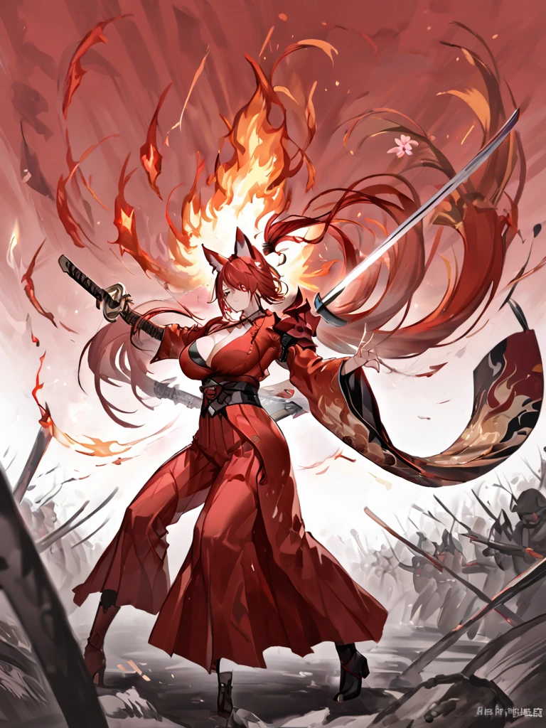  8K Top quality Masterpiece Somewhat close Long red ponytail Red fox ears Nine fox tails Very large breasts Red eyeshadow on lower eyelids Five fingers Alluring Japanese style Kimono Wearing a red jacket Long hakama Toned body Flame hell Japanese sword with a red blade burning red Fighting Burning background Drawing a sword Samurai Fighting with a Japanese sword One-sword style Flame hell Wrapped in lightning Wrapped in flames Alluring Little exposure Kimono Long skirt Upper cut Nine-tailed fox Older sister Explosive flames Crimson flames Japanese style background Intense fighting 