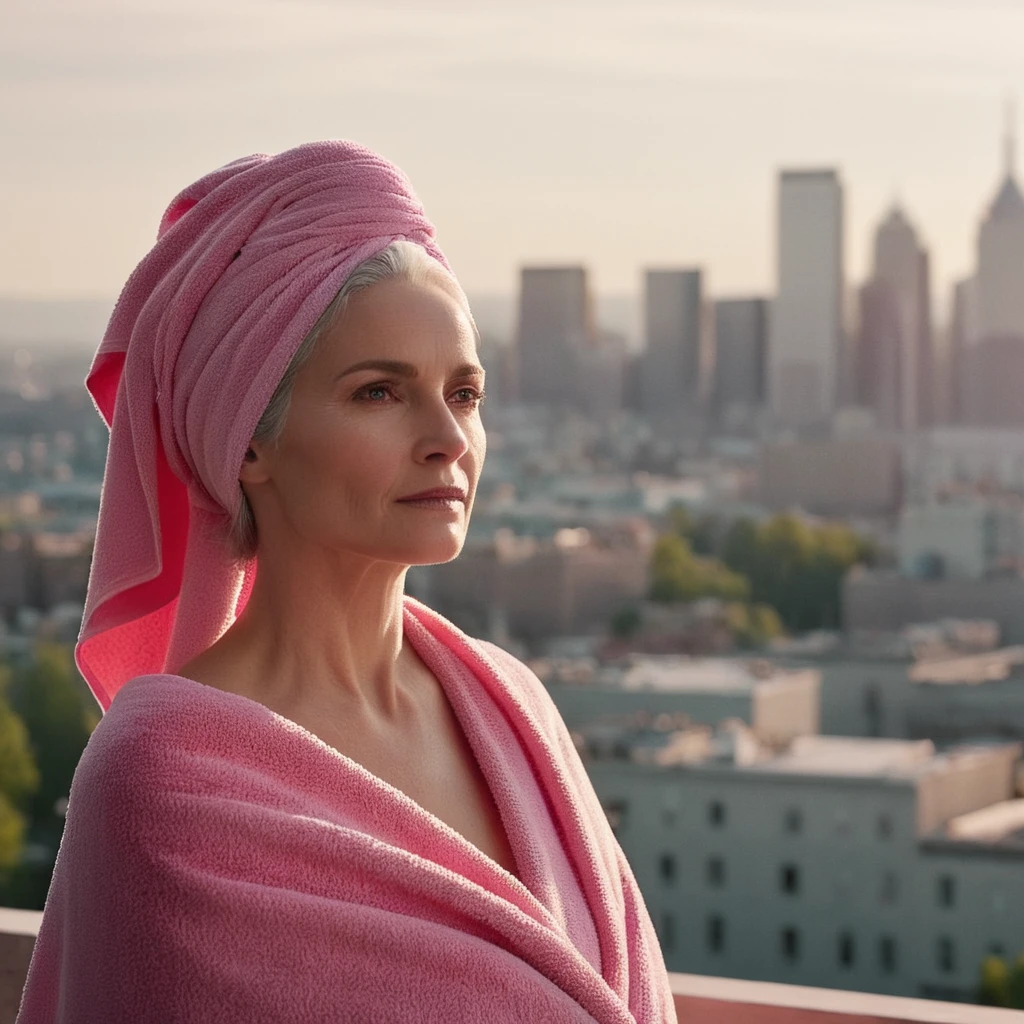 cinematic film still of bright light, bright, a woman with a pink towel on her head High-key lighting Style, 1girl, solo,long hair,gray hair, elder, 50 years old, looking at v iewer, city background, city background,bare shoulder s,white hair,lips,makeup,pale skin,realistic,white them e, shallow depth of field, vignette, highly detailed, high budget, bokeh, cinemascope, moody, epic, gorgeous, film grain, grainy
