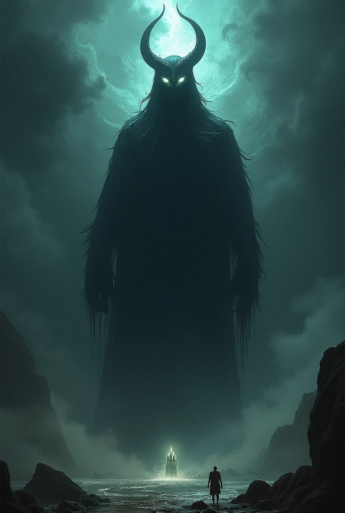 Nakab is depicted with an ethereal, dark form, and the scene is filled with ominous effects like dark clouds and magical distortions.