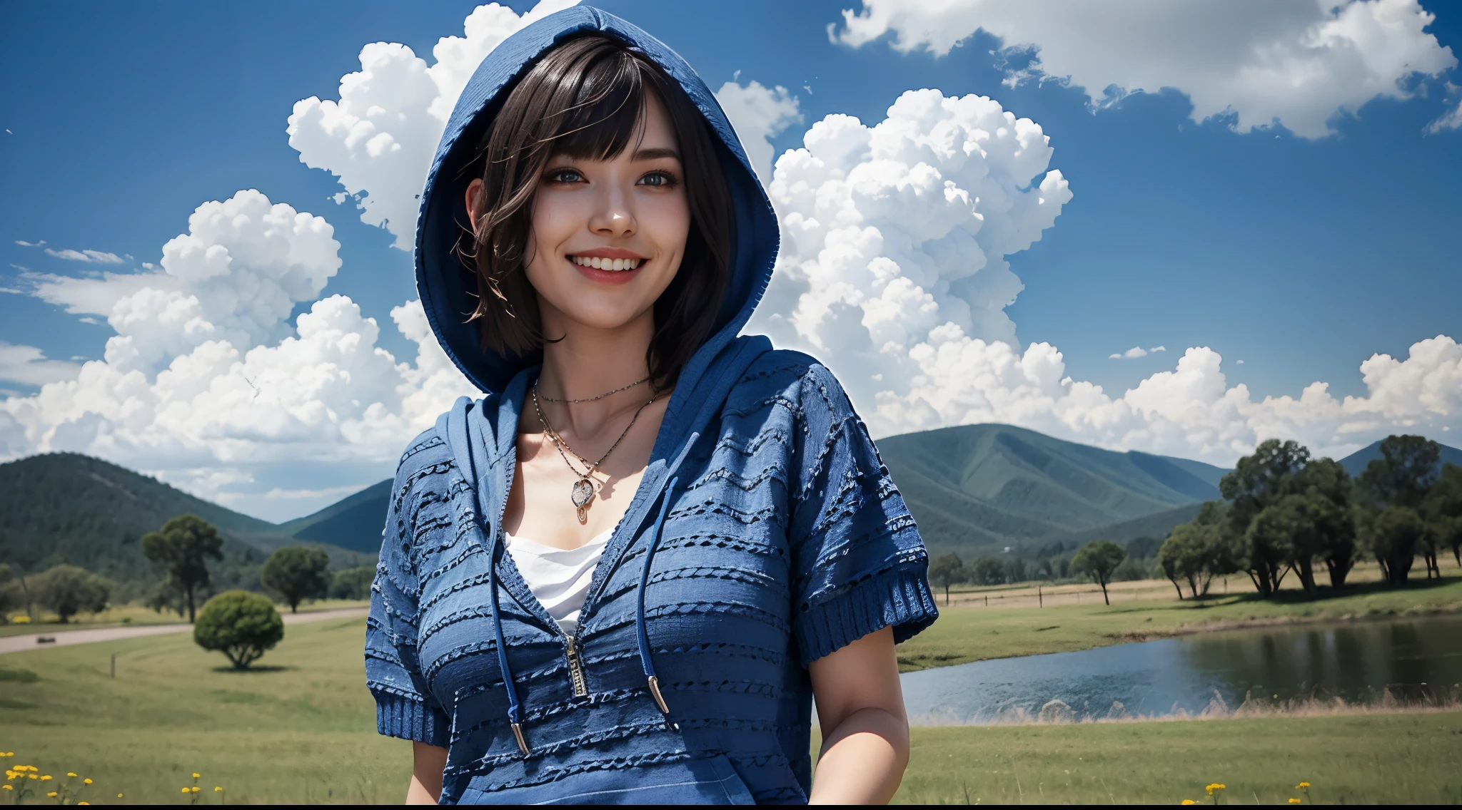 girl with beautiful body curve, BREAK, girl, (solo:1.2), short sleeves (open deep blue hoodie sweater:1.2), (lace-trim:1.2), gigantic breasts, detailed face, looking at viewer, blue eyes, smile, closed-mouth, dimple, short hair, bangs, straight hair, messy hair, tribal necklace, clavicles, cleavage, tight (white t-shirt:1.2), blue sky background, cloudy, (full body:0.8),