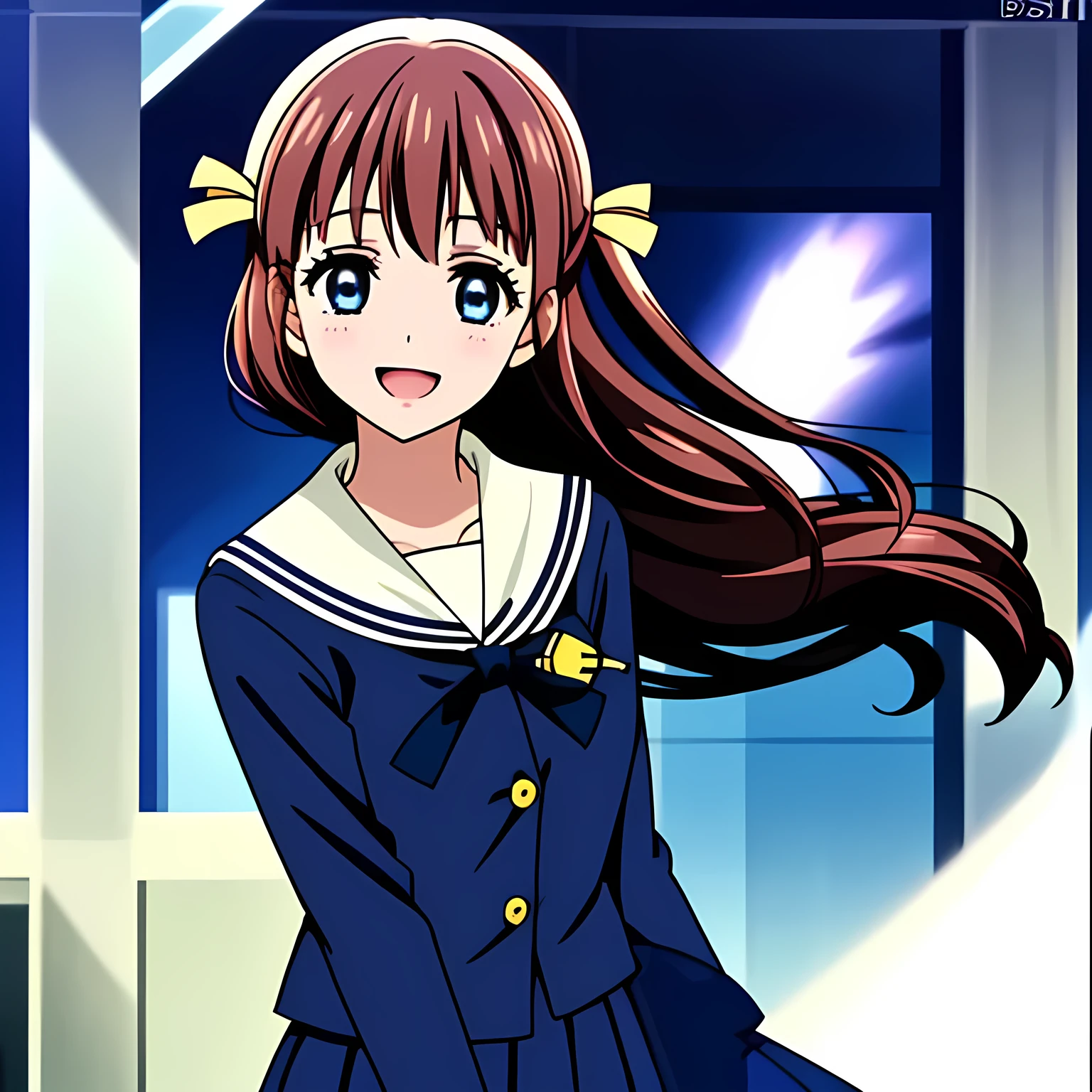 (highest quality, masterpiece, Full HD, Full color, High definition, High definition, Well colored: 1.2), (Very carefully drawn cover of anime magazine, Solo beautiful giggling noble elegant girl wares navy sailor-styled uniform with leather school bag and flying in space, charming elegantly, Noble Elegant but lecherous salacious insane and lascivious, sailor uniform: 1.5), (Just one very beautiful noble heroine who is looking and laughing at me, Very detailed cute noble **** heroine's noble eyes and face, Beautiful giggling eyes with detailed: 1.4), (Super-long bottom-eyelashes: 1.2), (Girl whom everyone loves because of her beauty and lovely fashion and noble manner and mind of evil succubus and magical-charm of evil succubus: 1.0), (Very beautiful, wavy, cutely super-super-long dark-dark-blue-dark-blue rich hair, with elegant hair ribbons, spreading on whole the screen: 1.3), (Laughing very beautiful and sapphire-blue mature intelligent cute-eyes which charms and enslave me inevitably, with clearly detailed: 1.4), (Eyes are clearly detailed), (very long eyelashes: 1.0), (Realistic noble neat noble school navy-colored sailor uniform with a noble expensive glossy red ribbon on the chest: 1.4), (Realistic Charming neat navy-colored deeply pleated long expensive school skirt: 1.5), (Soprano singer of classic music: 1.6), (Can't stop giggling: 1.6), Clear skin, (Nothing except black space and stars background: 1.7), (Navy-colored tops and Navy-colored cute collar of sailor-uniform: 1.6), (Faces are especially detailed and carefully drawn.), (Shot from the side)