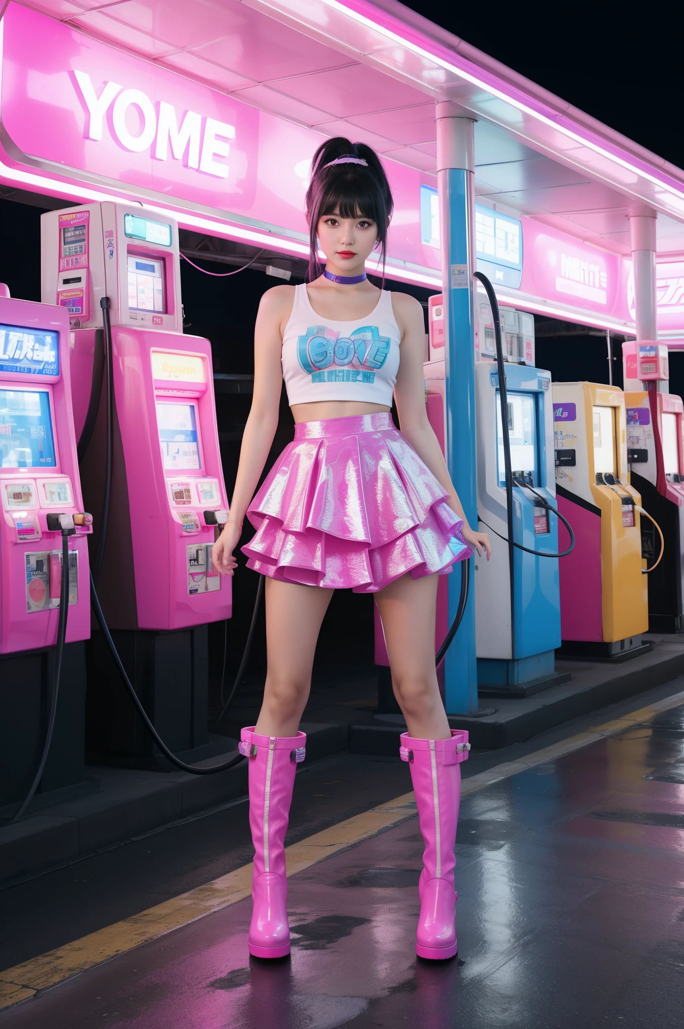 futuristic young woman, dazzling costumes、In a surreal atmosphere々Are standing, Neon lights at a gas station. Gasoline pump, adorned with star, Floating in the air, The hose swings playfully. Vibrant pink and purple hues spread, Creates a surreal and otherworldly atmosphere, Layered skirt with monitor, Pink Boots, White pink heart print top, Unusual fashion choices, Black low ponytail with bangs
