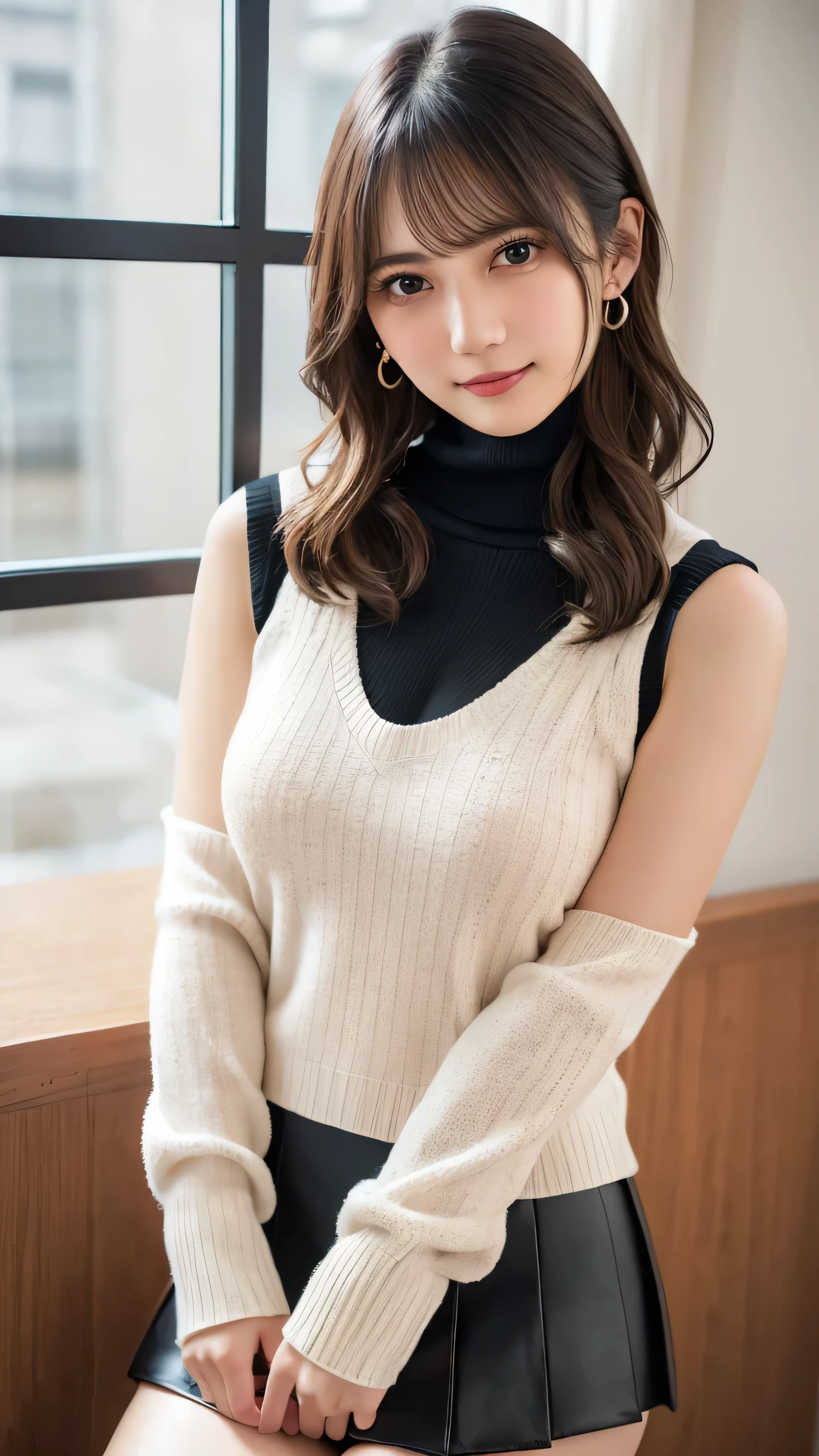 (Tabletop, Highest quality, High resolution, , Pixel perfect, 4K,), 1 girl, single, alone, Beautiful woman、I could see the whole body、 ((Wavy mid-hair, bangs, Brown Hair)), ((Brown eyes, Beautiful eyelashes, Realistic eyes)), ((Detailed face, blush:1.2)), ((Smooth texture:0.75, Realistic texture:0.65, Realistic:1.1)), Medium chest, Dynamic Angle, Perfect body, ((, female teacher, , Earrings、necklace、White sleeveless turtleneck sweater、Tight Skirt、Black knee-high stockings、、A shy smile)), Superior、、、evening、、Bring your arms together to emphasize your chest、hold the necklace between your chest、(Angle from below)