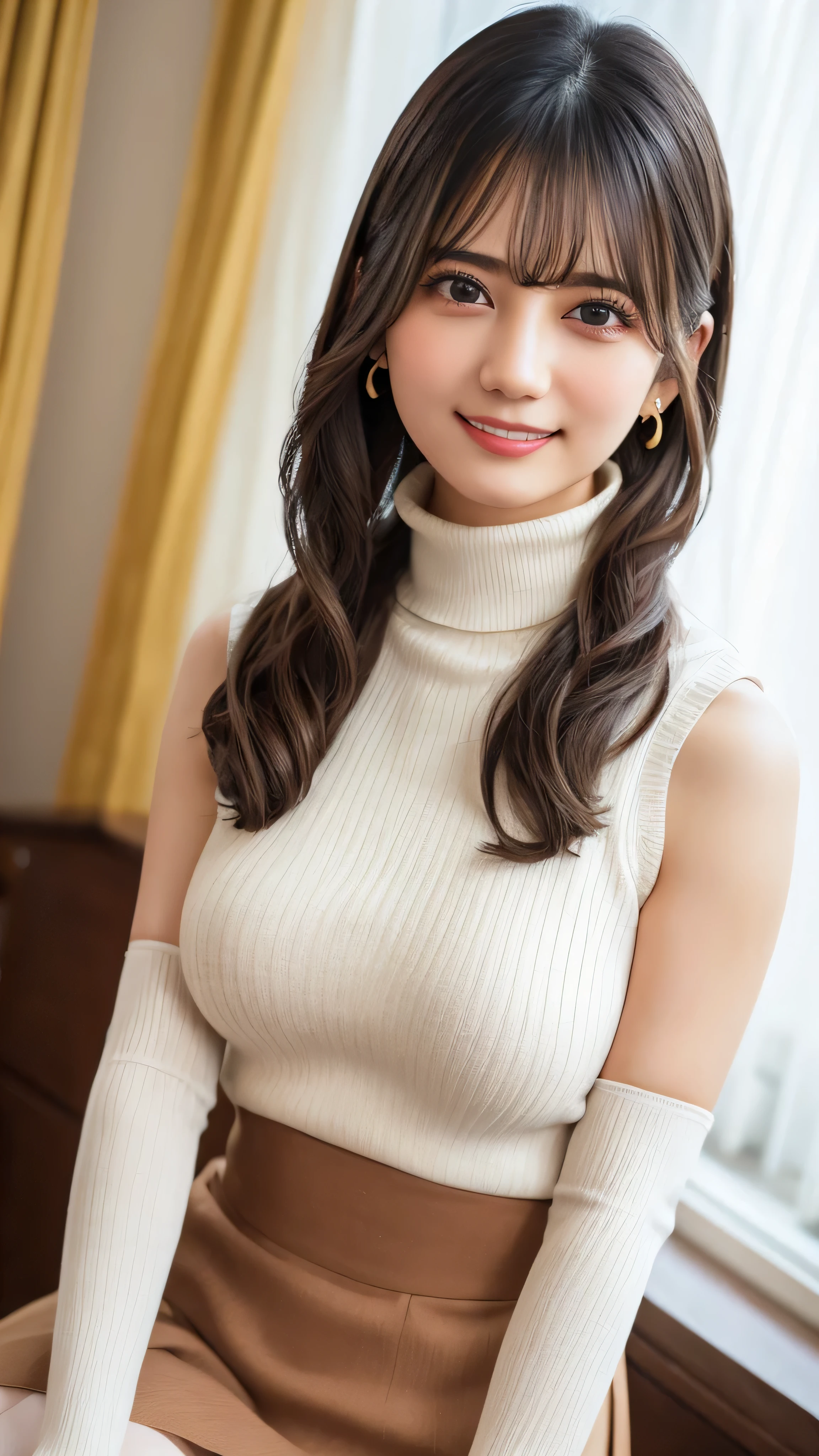 Solo,(Sexy and provocative smile), (Shiny skin:1.05),(blush:0.9),(Skin Dentition:1.15),Realism, Mastepiece, Top quality, High resolution,Disorganized, (Perfect Face:1.1),highest quality,,SLR,Feels good,A transparent atmosphere,Light makeup,Sexy Lips,Diagonal bangs,Facial beauty,Making bangs,Natural soft light,One girl,depereblanca,Gazing into the distance,Duck mouth,Thin and fine eyebrows,Brown eyes,Tall,Well-shaped bust of moderate size,("I can see your breast shape",PurerosFace,Cowboy Shot,necklace,watch,18-year-old,Young woman,Turtleneck knit T-shirt,silk,cashmere,Smooth fabric,Calm fashion,tight,Thighs,Clean office,Big blinds,White wall,There is a big window on the wall,Large office,High ceilings,Passages with depth,Chest,Landscape,Sticking out your ass,Nipples protruding,