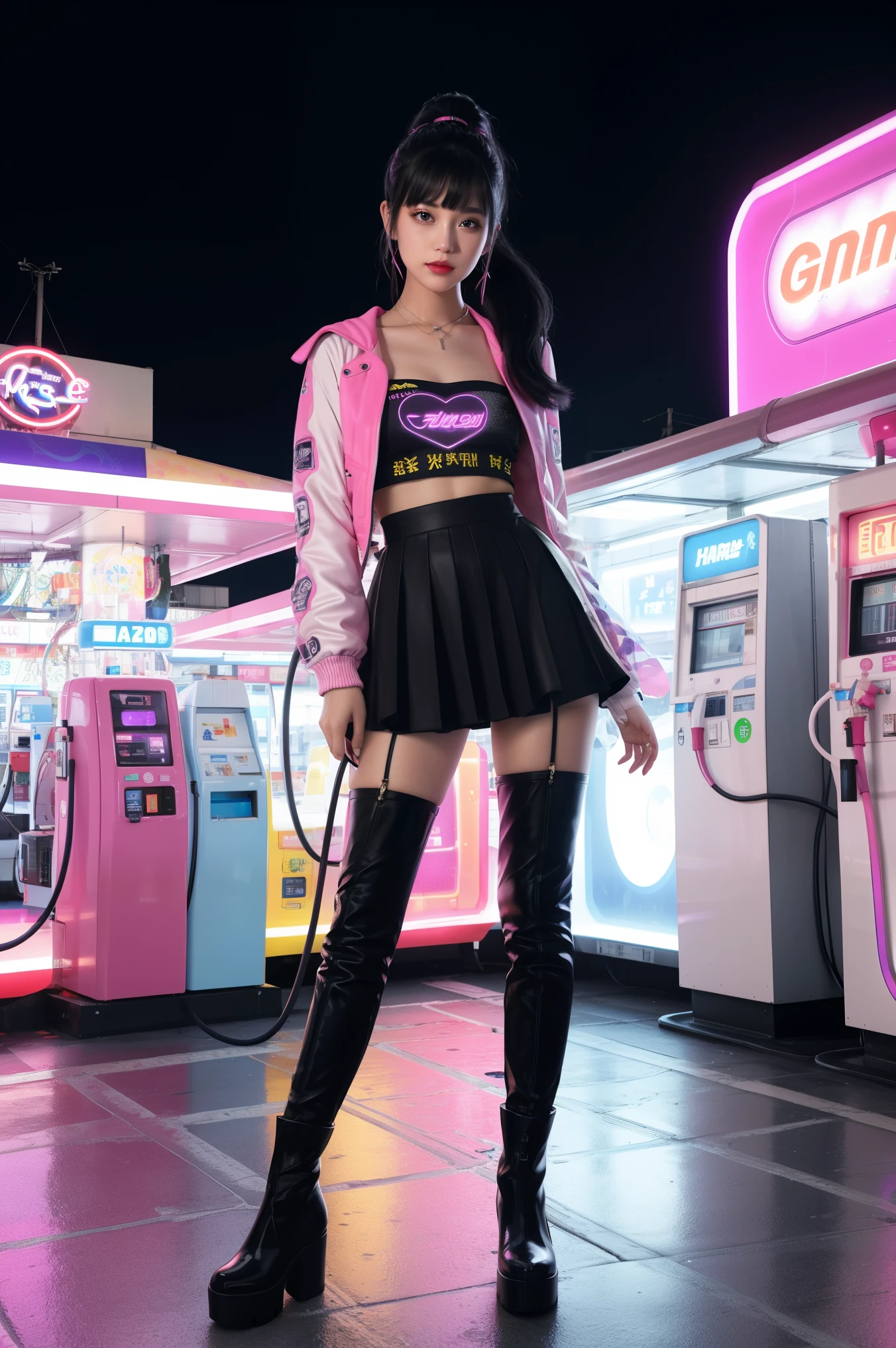 futuristic young woman, dazzling costumes、In a surreal atmosphere々Are standing, Neon lights at a gas station. Gasoline pump, adorned with star, Floating in the air, The hose swings playfully. Vibrant pink and purple hues spread, Creates a surreal and otherworldly atmosphere, Layered skirt with monitor, Pink Boots, White pink heart print top, Unusual fashion choices, Black low ponytail with bangs