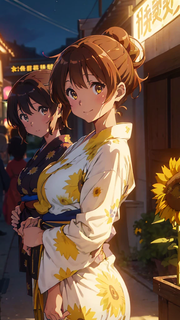 Anime-style images, Fascinating anime, , Anime Best Girl,Smooth anime CG art, Kschaert Krentz Key Art Feminine,, Zerochan Art, Seraphim, ((masterpiece, highest quality, 8k, 32K, masterpiece, ultra high resolution))  {Oumae Kumiko Sound Euphonium:1.15}, dark brown hair, short hair, brown eyes, blush, seraph, bangs, small breasts, night,, curves, ((A very bright and cheerful smile)), ((Sunflower patterned yukata kimono on yellow fabric)),((Long-hemmed yukata)),((They're having a good time.)),((Hair tied up))、((Night summer festival date))、