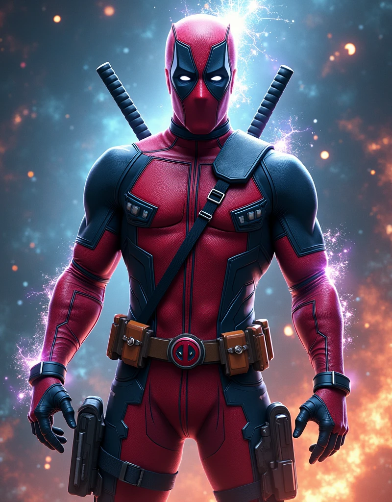 (nvinkpunk:1.2) (snthwve style:0.8) dead Pool, anthropo, lightwave, sunset, intrikate, highy detailed, t-shirt print "Deadpool, wearing no shirt, Showing off his muscular physique, is on shores, with tight pants that accentuate her big, perky buttocks. He has his face turned towards the camera, casting a seductive glance. With a provocative touch, he puts the tip of his index finger in his mouth, in a suggestive pose. The surrounding scenery is dimly lit, highlighting the contours of your body and creating a sensual and mysterious atmosphere. "