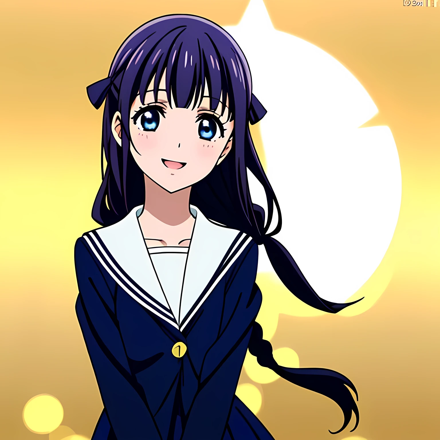 (highest quality, masterpiece, Full HD, Full color, High definition, High definition, Well colored: 1.2), (Very carefully drawn cover of anime magazine, Solo beautiful giggling noble elegant girl wares navy sailor-styled uniform with leather school bag and flying in space, charming elegantly, Noble Elegant but lecherous salacious insane and lascivious, sailor uniform: 1.5), (Just one very beautiful noble heroine who is looking and laughing at me, Very detailed cute noble yo heroine's noble eyes and face, Beautiful giggling eyes with detailed: 1.4), (Super-long bottom-eyelashes: 1.2), (Girl whom everyone loves because of her beauty and lovely fashion and noble manner and mind of evil succubus and magical-charm of evil succubus: 1.0), (Very beautiful, wavy, cutely super-super-long dark-dark-blue-dark-blue rich hair, with elegant hair ribbons, spreading on whole the screen: 1.3), (Laughing very beautiful and sapphire-blue mature intelligent cute-eyes which charms and enslave me inevitably, with clearly detailed: 1.4), (Eyes are clearly detailed), (very long eyelashes: 1.0), (Realistic noble neat noble school navy-colored sailor uniform with a noble expensive glossy red ribbon on the chest: 1.4), (Realistic Charming neat navy-colored deeply pleated long expensive school skirt: 1.5), (Soprano singer of classic music: 1.6), (Can't stop giggling: 1.6), Clear skin, (Nothing except black space and stars background: 1.7), (Navy-colored tops and Navy-colored cute collar of sailor-uniform: 1.6), (Faces are especially detailed and carefully drawn.), (Shot from the side)