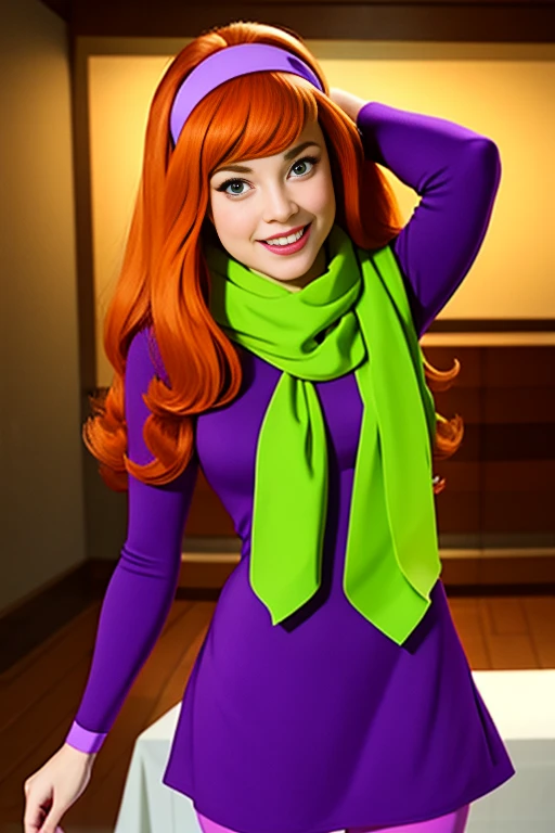 Daphne Blake, 1girl, solo, long hair, hairband, orange hair, purple mini-dress, pink pantyhose, purple shoes, and a green scarf, green eyes, seductive smile, cowboy shot, upper body, smile, looking at viewer, haunted house, score_9, score_8_up, score_7_up, score_6_up, score_5_up, score_4_up