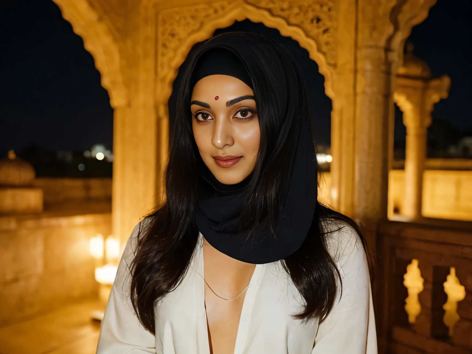 Kiara, wearing hijab, in temple,at night