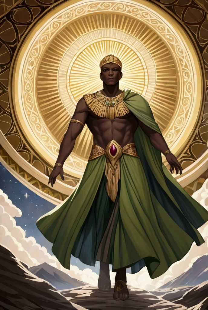 Create an image of a black ninja after an apocalypse in the future, afro cabelo caindo para frente, Rasta type but braided, corpo inteiro, vestindo um traje indiano ribulo africano corpo inteiro, A realistic 4K phoenix with blue feathers, dourado, cosmico , com uma Moreno, de cabelo afro cabelo caindo para frente, Rasta type but braided, Estilo Art Vista de Corpo Inteiro, plano completo, vista frontal, Vista lateral, vista traseira, de personagem, Multiple views and poses, various points of view, um personagem, corpo inteiro, personagem com menos, estilo de roupa, no mesmo Estilo de cabelo, less Type of footwear, strong full-body vision, plano completo, vista frontal, vista traseira, design de personagem, Multiple views and poses, various points of view, de um personagem, corpo inteiro,, personagem com mesmo, estilo de roupa, no mesmo Estilo de cabelo, same type of footwearThe route follows the cores of the Cape Verde flag. The top is deep blue, simbolizando o oceano que cerca as ilhas. The chest and the central part are white, representando a paz e a unidade do povo cabo-verdiano. The sleeves and legs are red, denoting determination and spirit, do 10 Estrelas Douradas, : Ten gold stars are prominently displayed at the top of the costume, ao longo do peito e ombros, representando as 10 principais ilhas de Cabo Verde. Cada estrela, It is carefully detailed and shines brightly against the background Star Belt A wide belt, also golden, is used in Tribal Details, O traje incorpora elementos tribais discretos em seu design, referencing the cultural heritage of Cape Verde