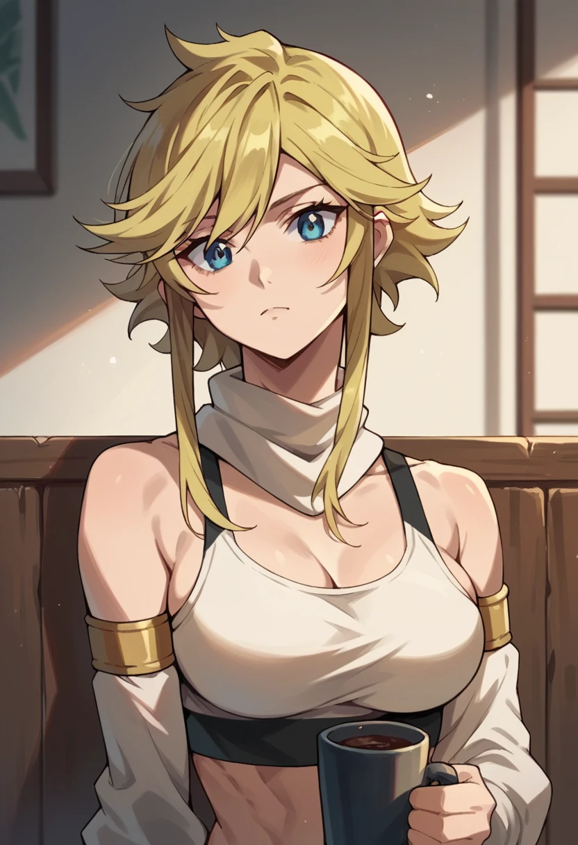 leone, pink short hair, blue eyes, swept bangs, sidelocks, short hair,
leone, blonde hair, wear white tank top, crop top, g cup breast