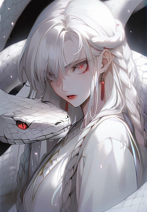 anime girl with white hair and red eyes holding a snake, girl with bright red eyes, bright red eyes and a slit pupil, girl with red snake eyes, girl with snake eyes