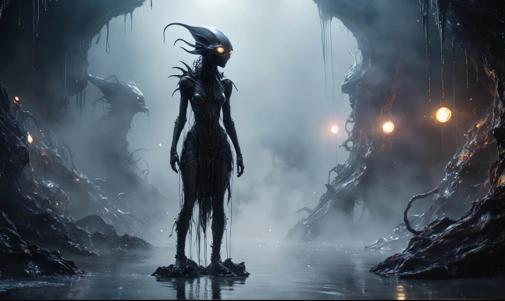 full body length,niobium goblin,native africa xenomorph,once pretty face,eyebrow up,full body shot,ominous landscape,niobium gray atmosphere,photo,photorealism,Masterpiece,hyper natural skin textures, hyper realism,hyper detailed,High contrast,Realism,Ultra Detailed,irina yermolova,close full body shot,32K resolution,Nikon Z9, ,demonic, fog, smoke, audience, mist, featuring ultra-realistic and hyper-realistic elements, Marta Bevacqua, Ellen Jewett, Kawacy, Katsuya Terada, Carne Griffiths,concert lighting,  bokeh,  luminal space that feels both bright and surreal. Includes liquid fluid elements for added depth and movement. Rendered in an unreal engine and post-processed to achieve . Evokes a sense of dreamy, ethereal and mystical mood,horror pixar movie still,thriller disney movie ,pixar render, animated ,suicide