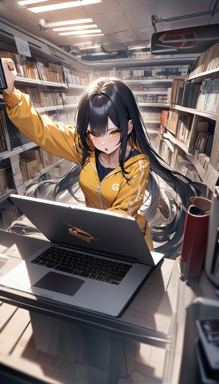 (masterpiece, highest quality, Highest image quality, High resolution, photorealistic, Raw photo, 8k:1.27)), (Extremely detailed CG unified 8k wallpaper:1.27), 1 girl, engineer, (She is wearing a yellow and navy jumpsuit, She is wearing a camisole with the "Macintosh" logo printed on the inner layer:1.57), (looking at viewer:1.32), large breasts,  big ass, juicy lips, big lips, massive lashes, long black hair, twin tails, hair down, she is operating a macbook, she is standing, dynamic posing, She sells MacBooks to customers