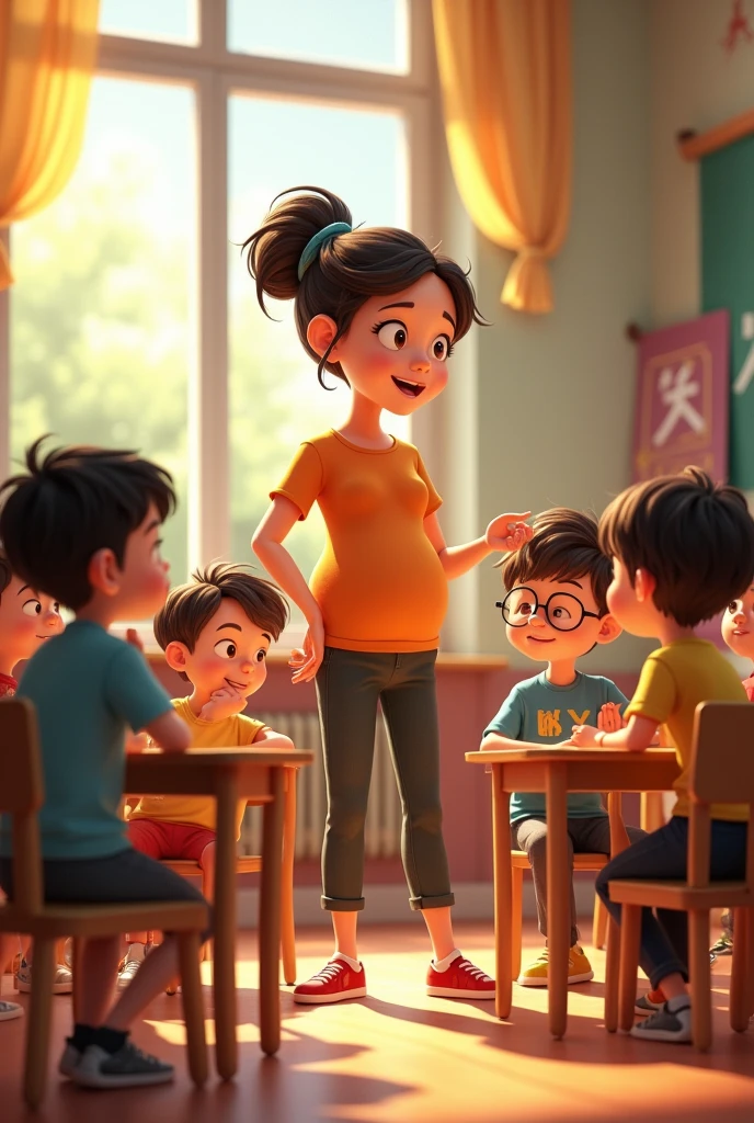 Image of children playing at school, next to a white teacher, with long, wavy black hair, wearing a yellow dress. The background of the image is light yellow. pixar style