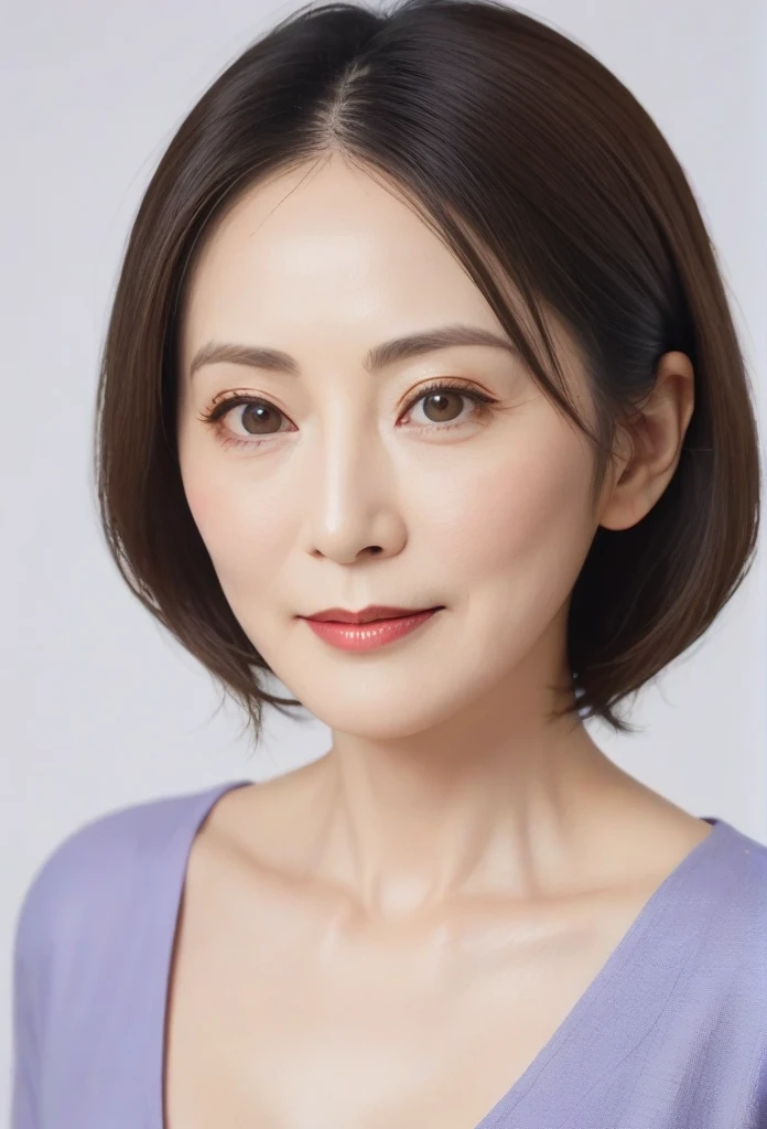 High resolution, Shortcuts, Mature Woman,((Center Parting)),50-year-old women,masterpiece, Highest quality, Ultra high definition, Textured skin, Droopy eyes,Thin lips,black eye,((Mole under left lip)),Thin eyebrows,Thin eyebrows,Japan female in her 60s,Narrow forehead,((Too thin,Too thin eyebrows)),Loose jaw