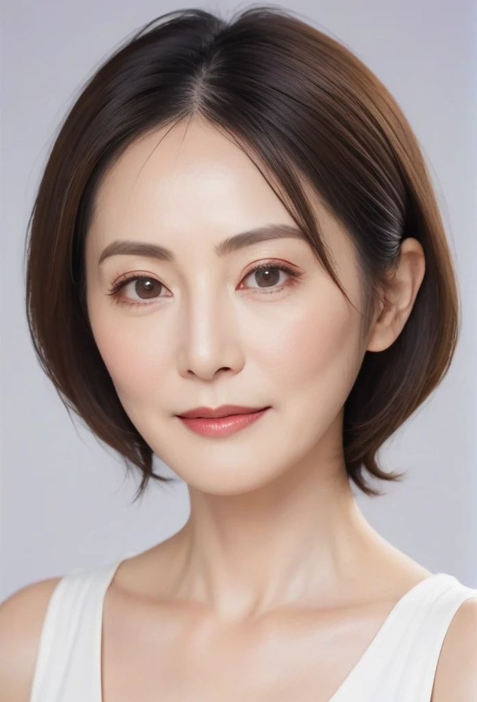 High resolution, Shortcuts, Mature Woman,((Center Parting)),50-year-old women,masterpiece, Highest quality, Ultra high definition, Textured skin, Droopy eyes,Thin lips,black eye,((Mole under left lip)),Thin eyebrows,Thin eyebrows,Japan female in her 60s,Narrow forehead,((Too thin,Too thin eyebrows)),Loose jaw