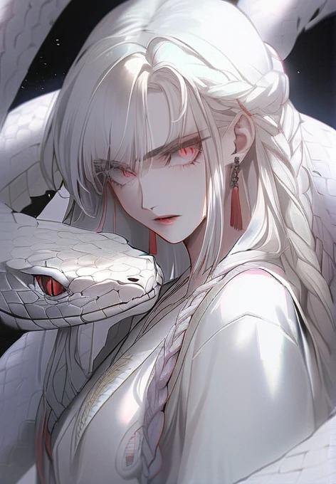 anime girl with white hair and red eyes holding a snake, girl with bright red eyes, girl with red snake eyes, girl with snake eyes