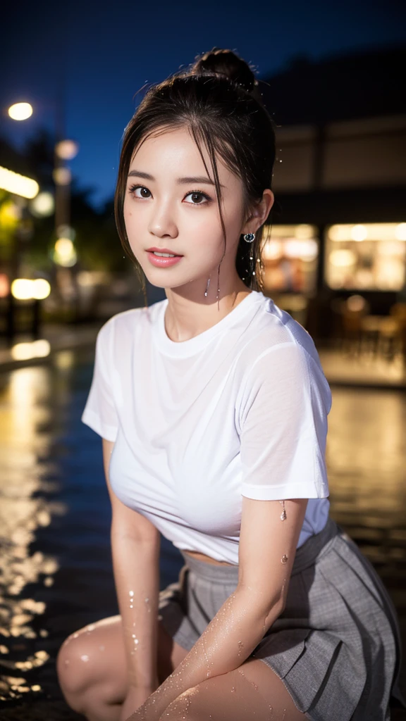 A beautiful woman with smooth white skin, Asian, laughing, cheerful, happy, wearing a white t-shirt, blue jeans, carrying a large camera, looking expensive, sitting on an old wooden boat. Watch fireflies in the canal at night. Fireflies are insects that glow. Fly low. Dim moonlight filters through the clouds. Soft moonlight. A dark night. Thick, black clouds. Only the fireflies glow slightly. that fly back and forth to that area There is a reflection in the water. In a canal with calm water like a mirror, Thai landscape, 32K high resolution.