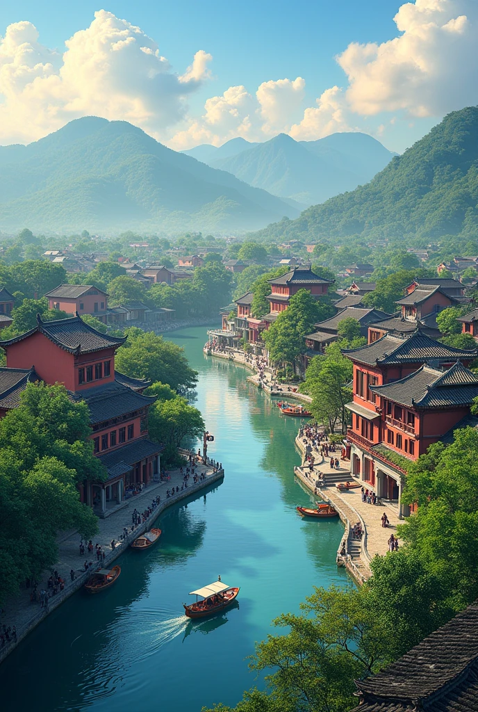 Qingming upper river map, horizontal layout, high resolution, best quality, super detail, dynamic angle, floating, bustling cityscape, intricate details, historical buildings, flowing river, bright colors, volumetric lighting, crowded boats and bridges, rich cultural background.