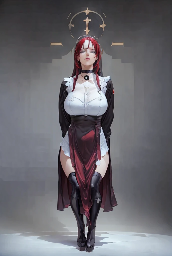 A sultry nun with fiery red hair and purple eyes, wearing tight latex with combat boots and a black choker, adorned with metal cross and a halo, praying, exuding a naughty aura. Artistically detailed and provocative. extremely realistic.Alta resolución, Obra maestra, Detalles altos, 