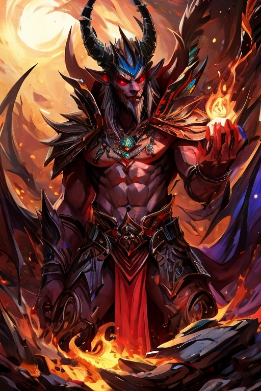 Best quality at its best,super-excellent,really:1.37,Chinese mythology,Asuras,Demon King,Strong-willed person, red horns, terrible death,light blue skin,dark sharp eyes,sword in hand,horns of targets,Toned muscular body,elegant armor,(Devil's wings),Complex patterns,glowing aura,Surrounded by purple flames,Desert battlefield background,Defeat demons and evil spirits,(safe),Divine Wrath,majestic and powerful,Mythological creatures, Magical energies, magical aura, Hipperrealism, surrealism, ultrarealism, hd, a lot of details