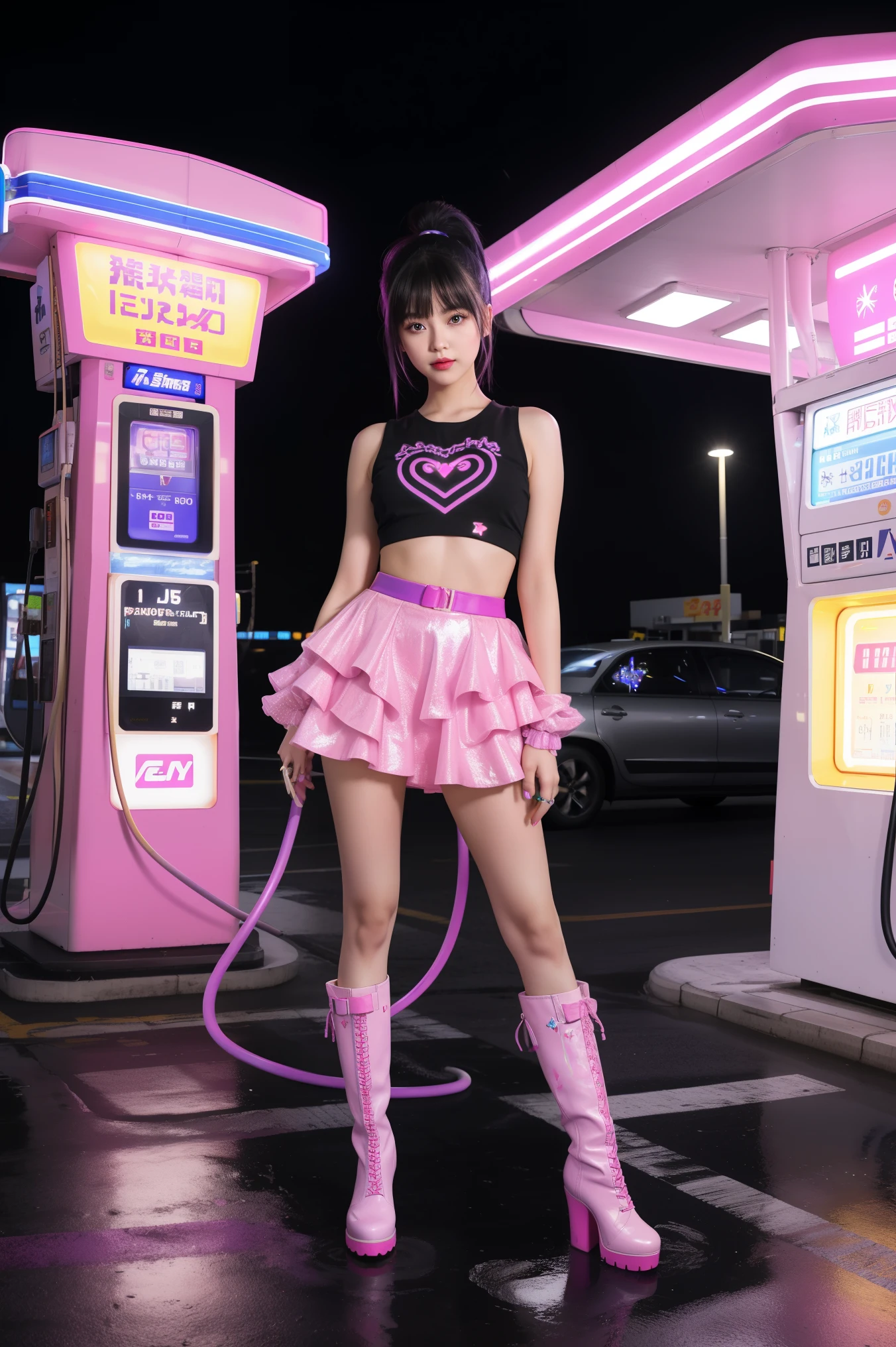 futuristic young woman, dazzling costumes、In a surreal atmosphere々Are standing, Neon lights at a gas station. Gasoline pump, adorned with star, Floating in the air, The hose swings playfully. Vibrant pink and purple hues spread, Creates a surreal and otherworldly atmosphere, Layered skirt with monitor, Pink Boots, White pink heart print top, Unusual fashion choices, Black low ponytail with bangs