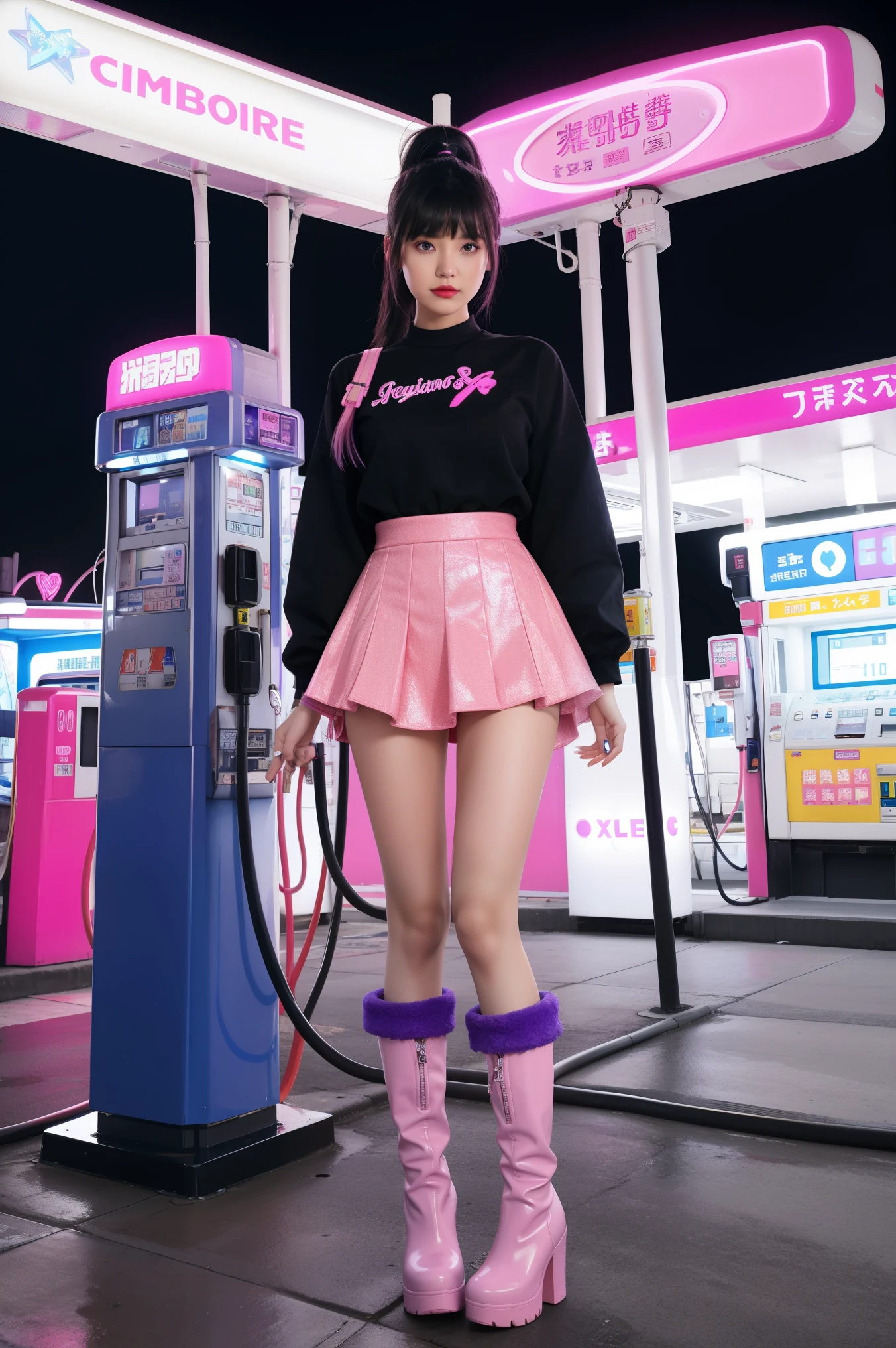 futuristic young woman, dazzling costumes、In a surreal atmosphere々Are standing, Neon lights at a gas station. Gasoline pump, adorned with star, Floating in the air, The hose swings playfully. Vibrant pink and purple hues spread, Creates a surreal and otherworldly atmosphere, Layered skirt with monitor, Pink Boots, White pink heart print top, Unusual fashion choices, Black low ponytail with bangs