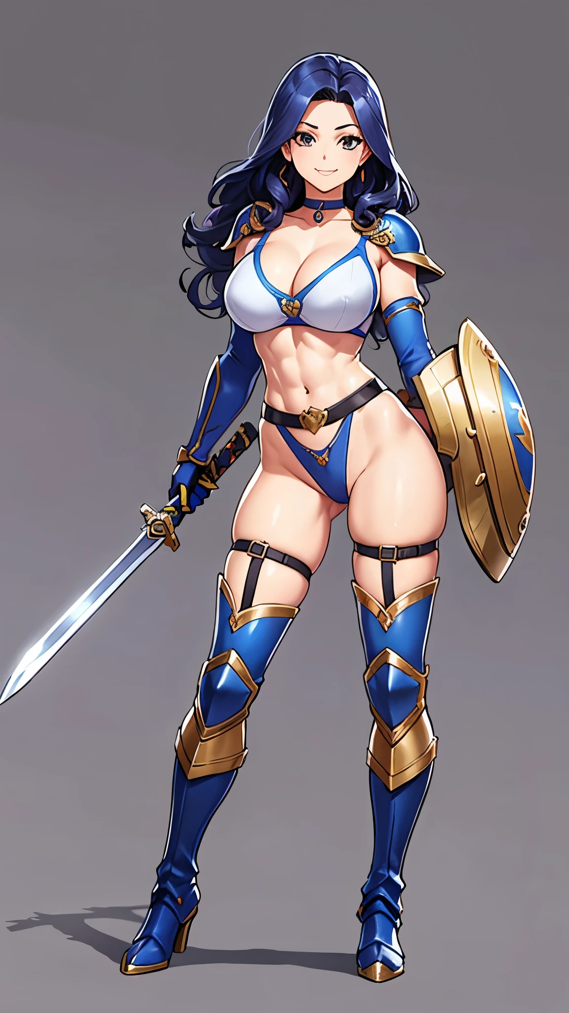 1girl, solo, long hair, breasts, smile, simple background, white background, gloves, navel, cleavage, full body, weapon, boots, choker, elbow gloves, midriff, sword, armor, thigh strap, abs, helmet, curly hair, shield, bikini armor, winged helmet, soldier (dq3)